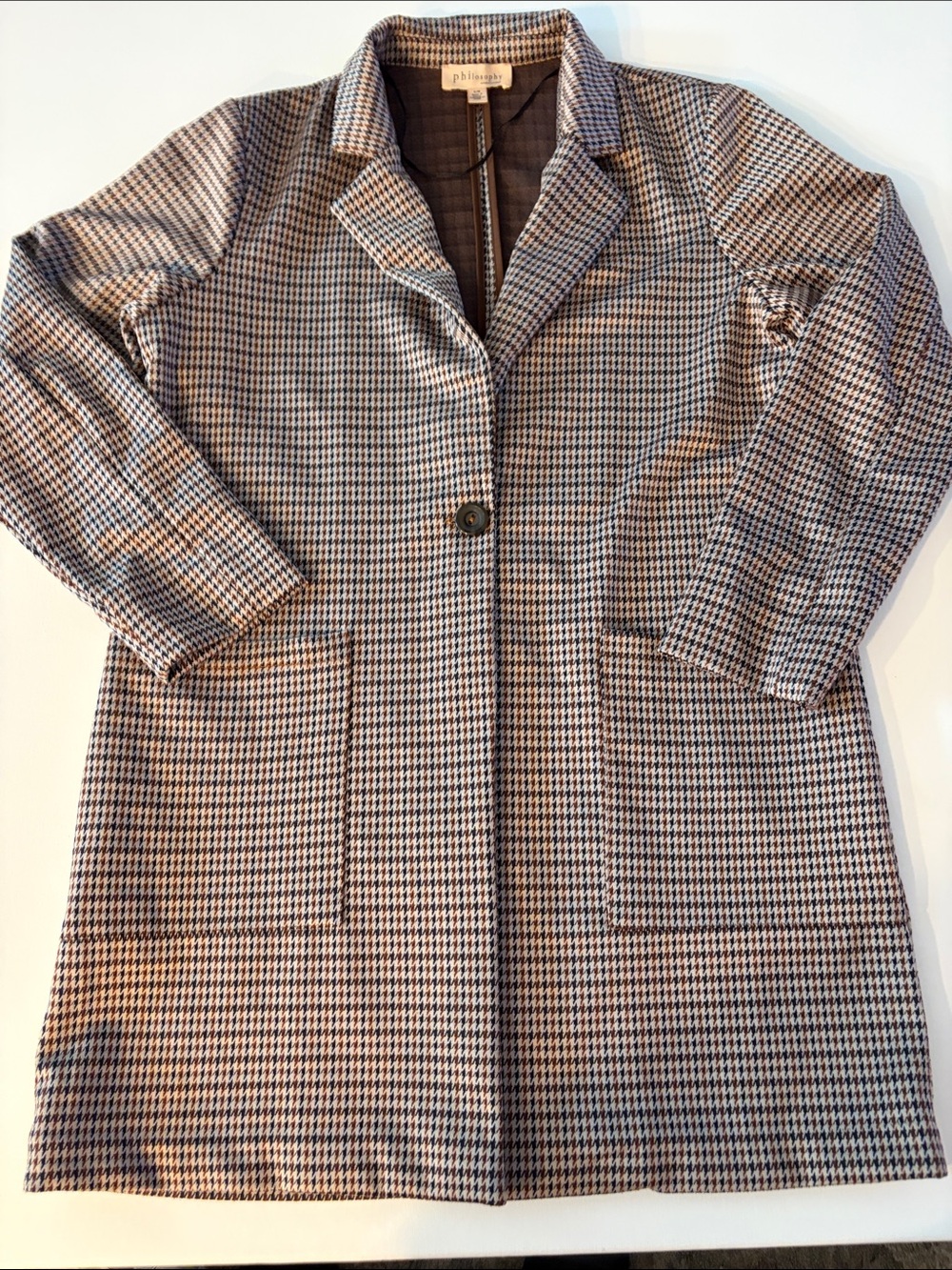 PHILOSOPHY REPUBLIC CLOTHING PLAID LONGLINE BLAZER JACKET BROWN WOMEN SIZE LARGE